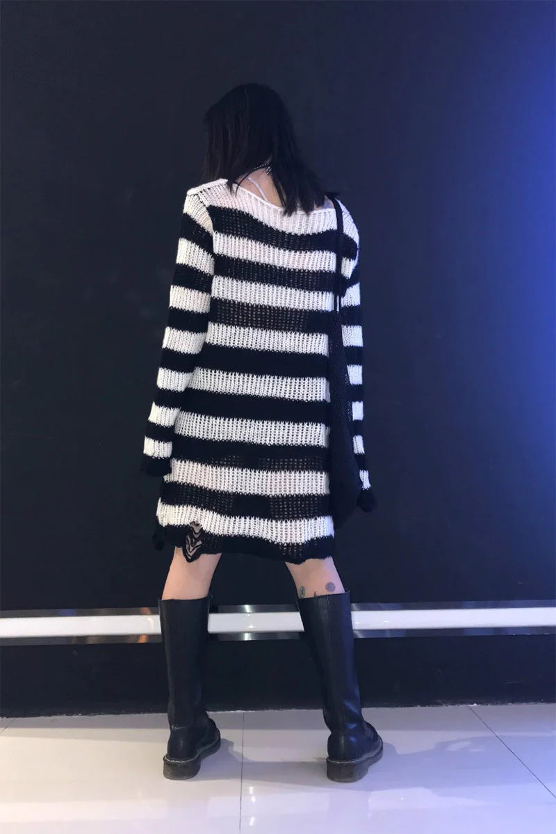 White/Black Striped Distressed Sweater