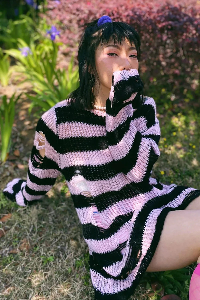 Pastel Pink/Black Striped Distressed Sweater