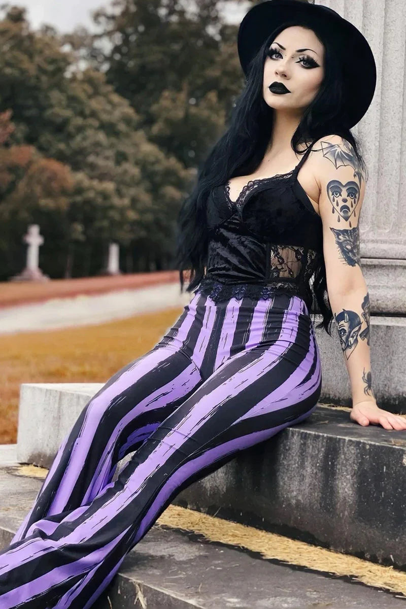 Distressed Black & Purple Striped Flares