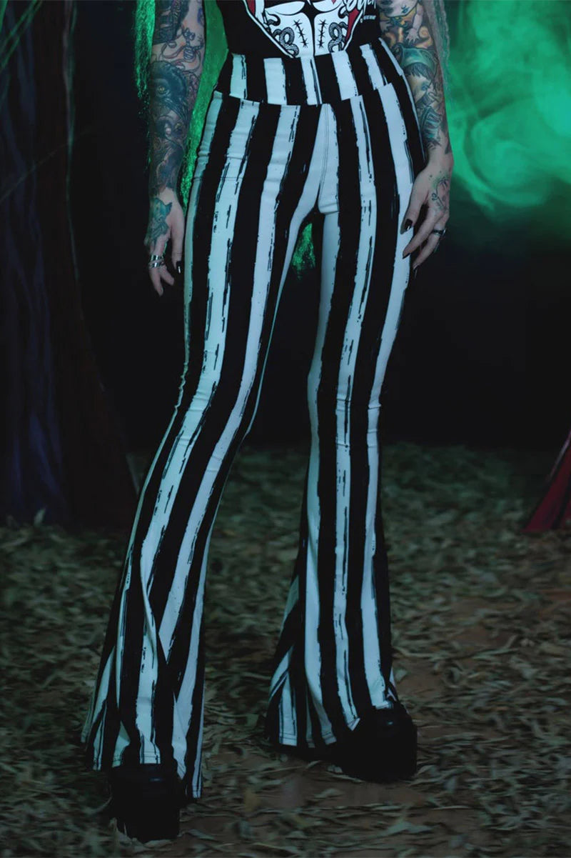 Distressed Black & White Striped Beetlejuice Fl  are Pants