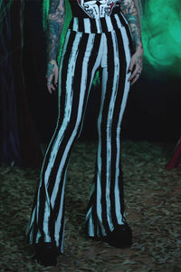 Distressed Black & White Striped Beetlejuice Fl  are Pants