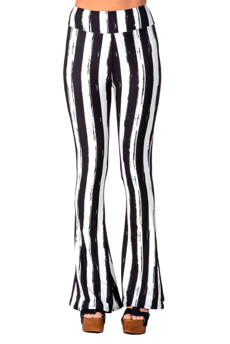 Distressed Black & White Striped Beetlejuice Fl  are Pants