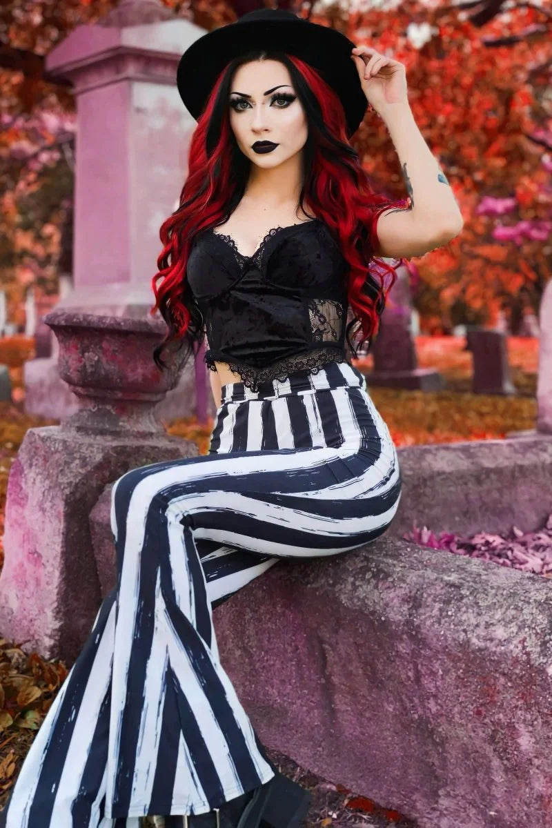 Distressed Black & White Striped Beetlejuice Fl  are Pants