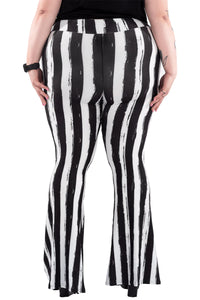 Distressed Black & White Striped Beetlejuice Fl  are Pants