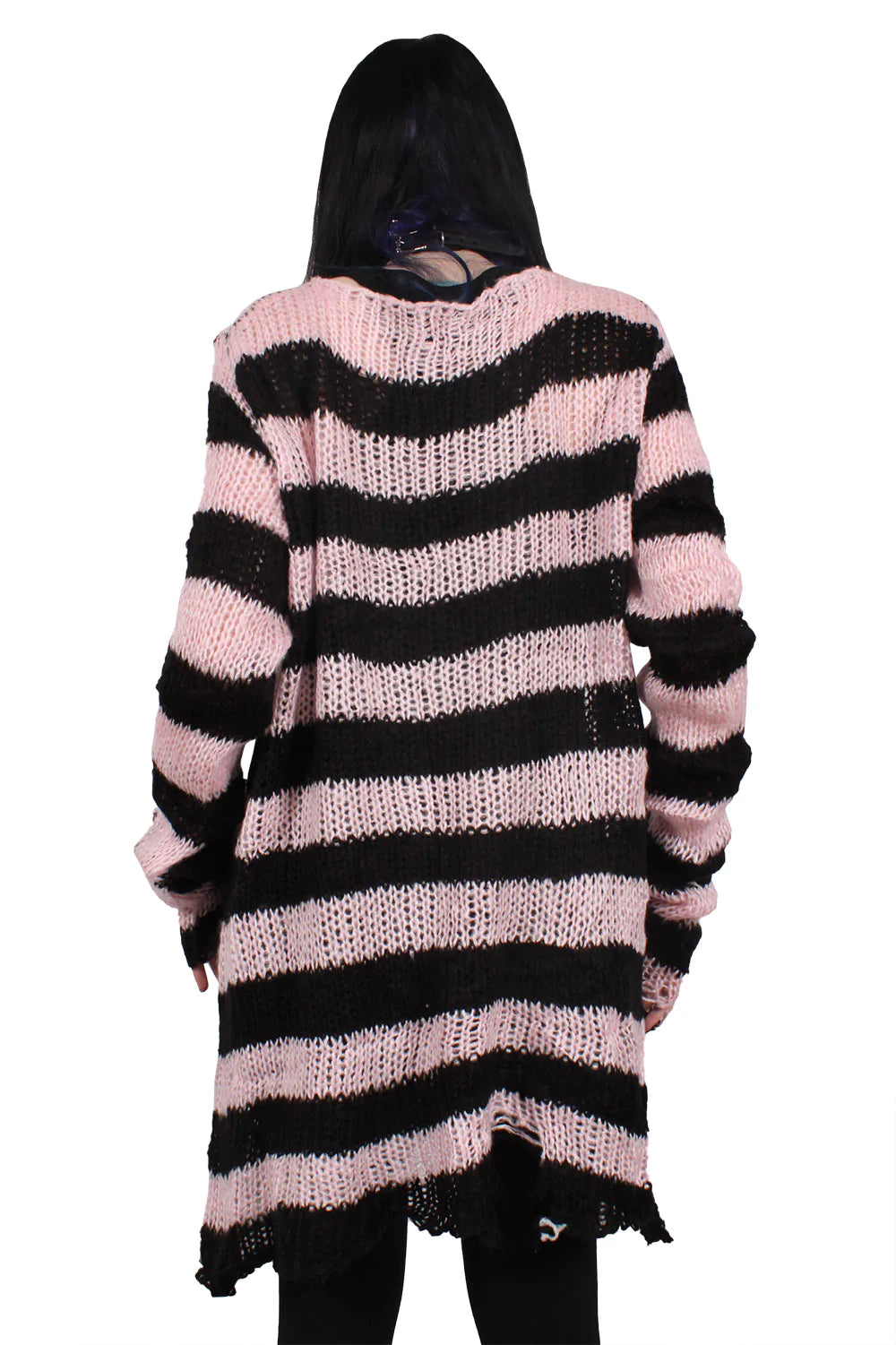 Pastel Pink/Black Striped Distressed Sweater