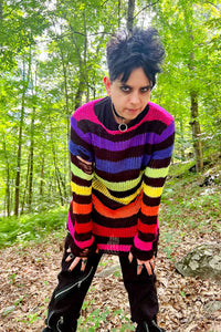 Black Rainbow Striped Distressed Sweater