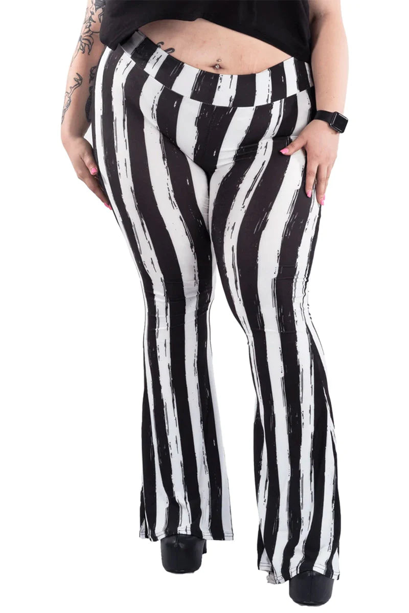 Distressed Black & White Striped Beetlejuice Fl  are Pants