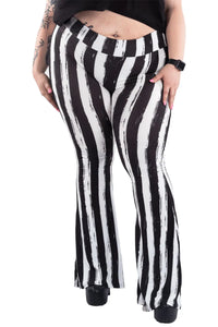 Distressed Black & White Striped Beetlejuice Fl  are Pants