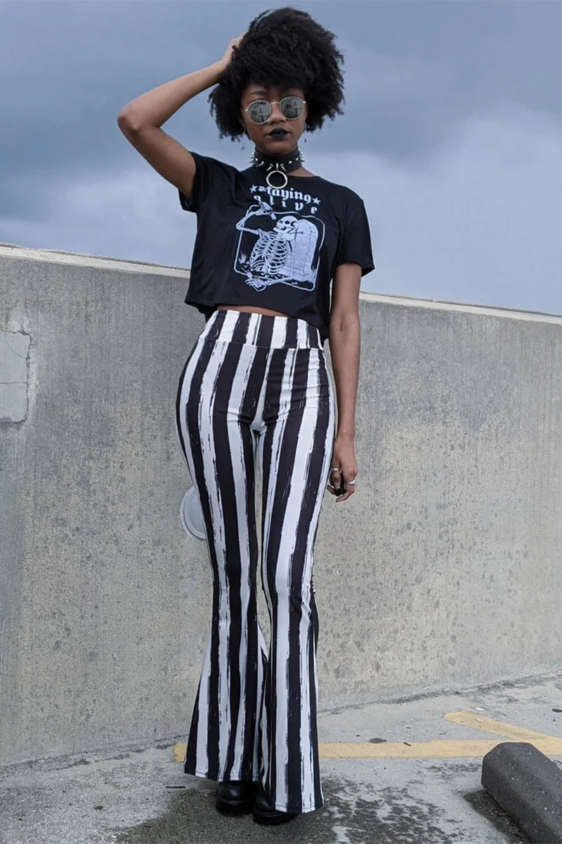 Distressed Black & White Striped Beetlejuice Fl  are Pants