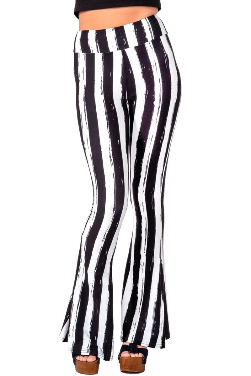 Distressed Black & White Striped Beetlejuice Fl  are Pants