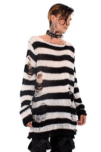 White/Black Striped Distressed Sweater