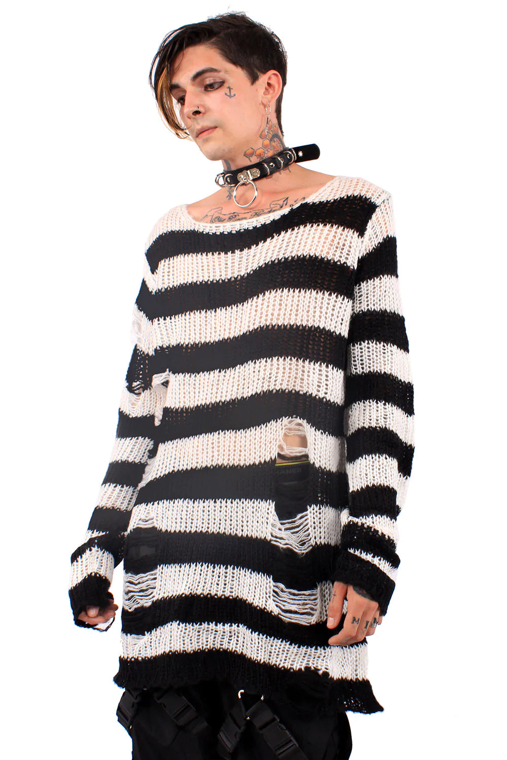 White/Black Striped Distressed Sweater