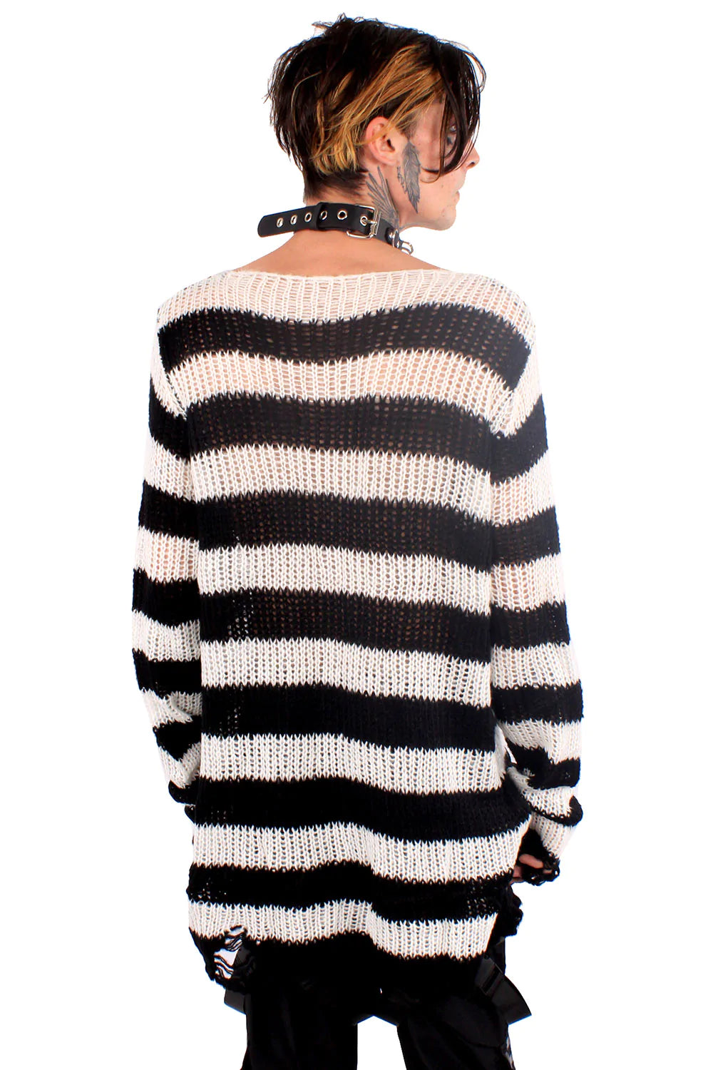 White/Black Striped Distressed Sweater