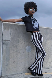 Distressed Black & White Striped Beetlejuice Fl  are Pants